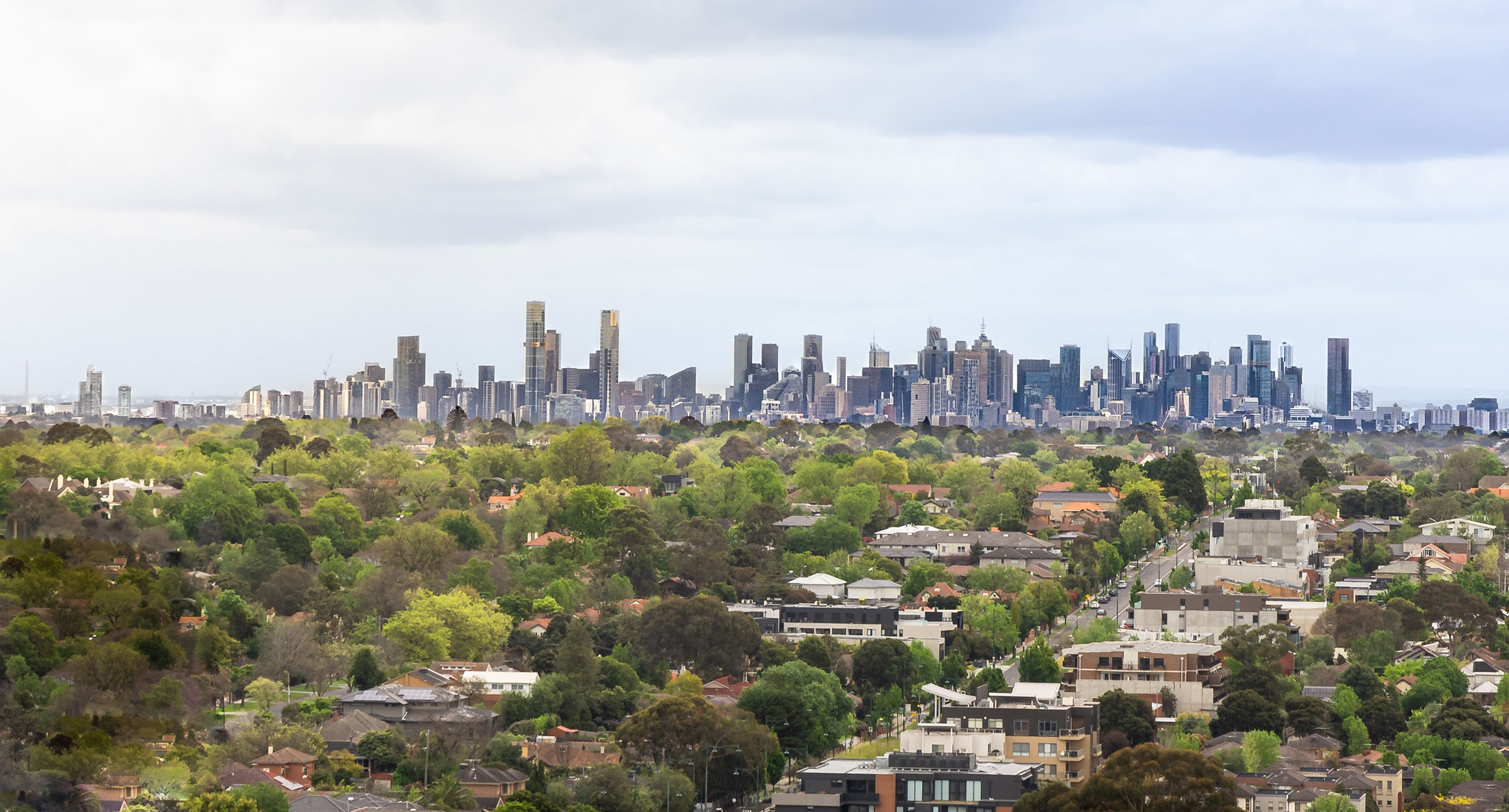 Panoramic Melbourne cbd skyline citiscape view from Box Hill Australia
