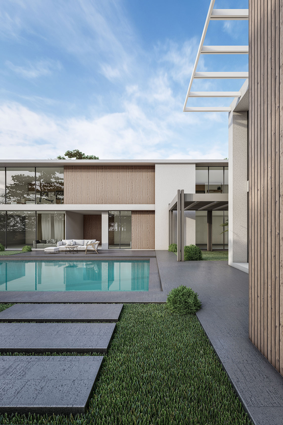 home-exterior Architecture 3d rendering illustration of minimal modern house with natural landscape