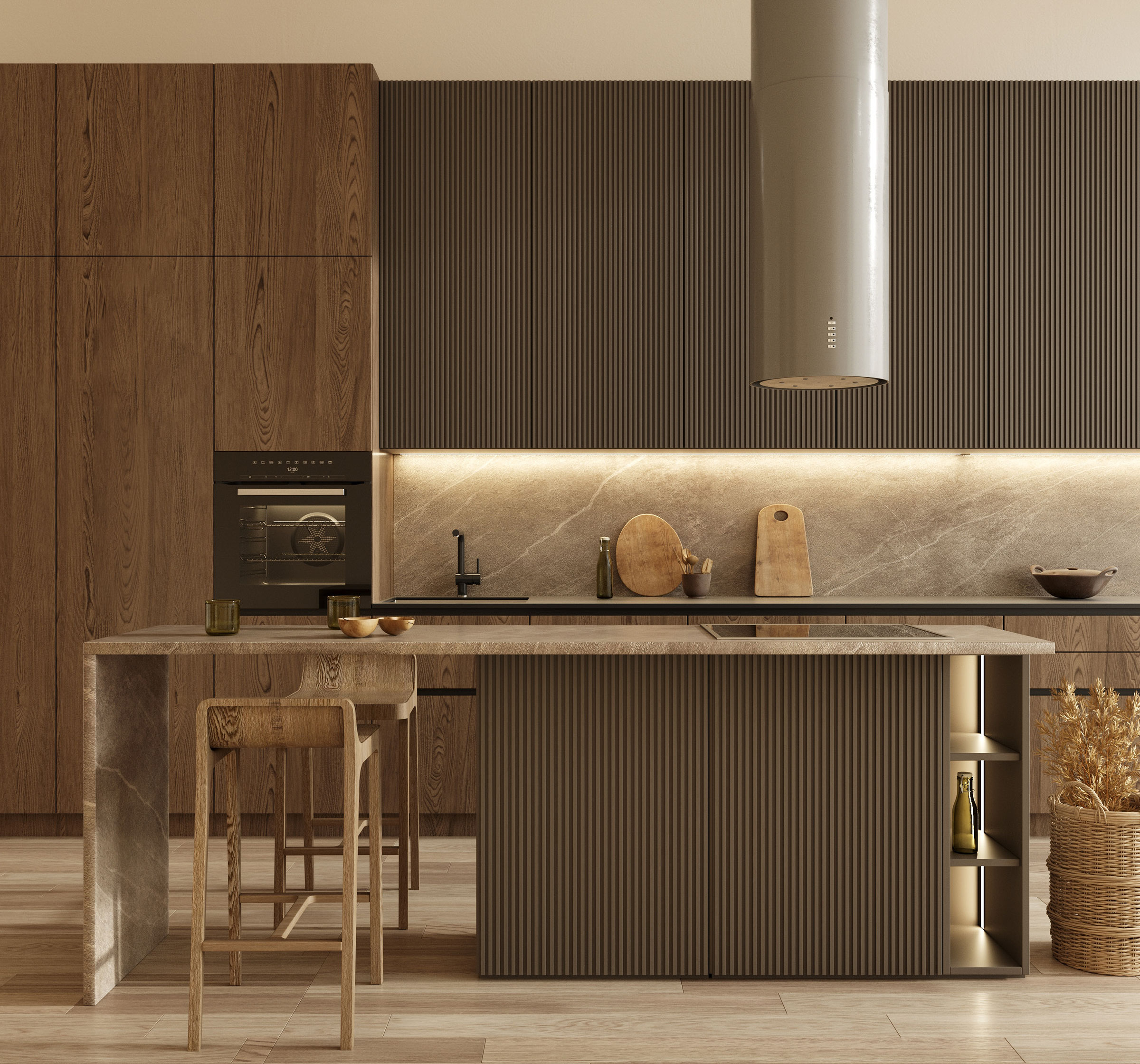 Minimal modern dark wooden kitchen. Interior design with scandinavian style.